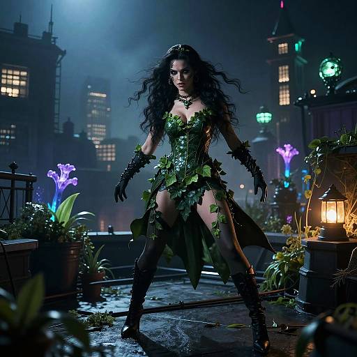 Photorealistic digital art: Dark-haired woman in leafy, green-plant armor, black gloves, and boots, stands confidently on a misty