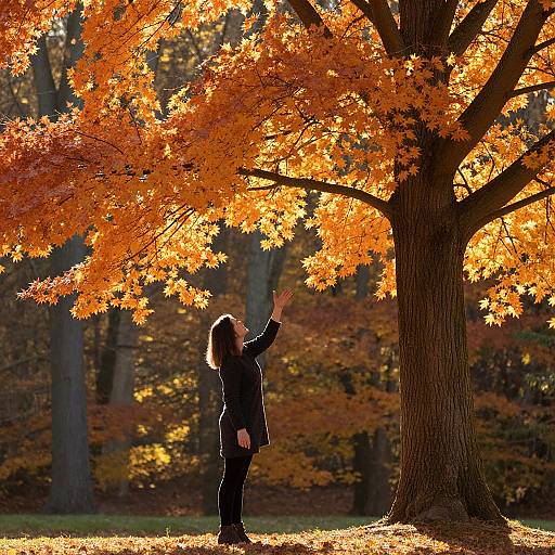 Photograph of a woman with long brown hair, wearing a black coat, reaching up at an autumn tree with vibrant orange leaves, sunlight filtering through,