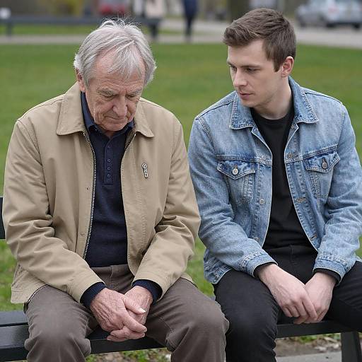 Pensive Older and Younger Men on Bench
