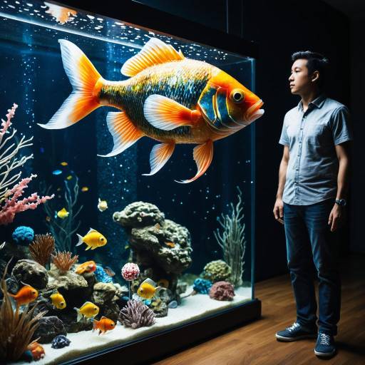 Man Staring at Giant Candy Fish in Aquarium