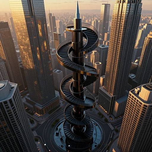 Digital artwork of a futuristic cityscape at sunset, featuring a spiral skyscraper with dark, reflective glass surrounded by towering, sunlit buildings.
