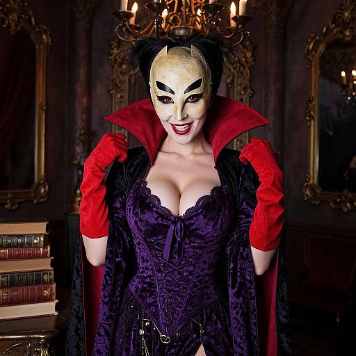 Vampire woman in white mask, red gloves, black lace corset, and cape, smiling menacingly in ornate, dimly-lit library