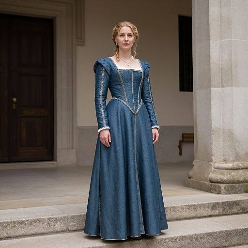 Photograph of a blonde woman in a blue, long-sleeved, medieval-style dress with white trim, standing in front of a stone building with