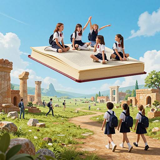 Children Soaring on Levitating Textbook