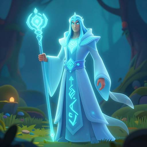 CGI fantasy image of a glowing blue-robed mage with long white hair, holding a radiant staff, standing in a mystical forest.