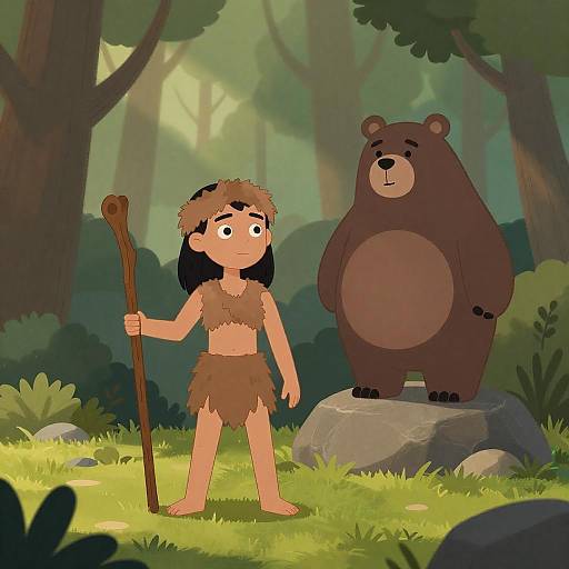 Cartoon Cavewoman and Brown Bear in Forest