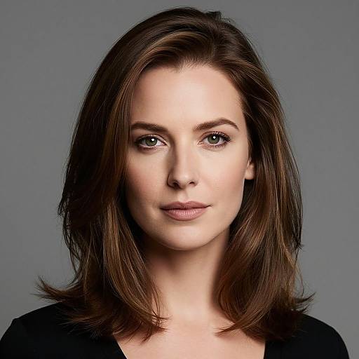 Photograph of a fair-skinned woman with shoulder-length brown hair, subtle makeup, and gray background, wearing a black top, looking directly at the