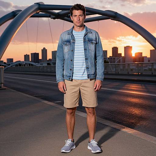 Photograph of a young man with short brown hair, wearing a blue denim jacket, white striped shirt, beige shorts, and white sneakers, standing on