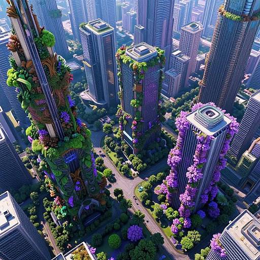 Aerial CGI of a futuristic city with tall, densely vegetated skyscrapers, vibrant green and purple foliage, and a grid-like street pattern amidst