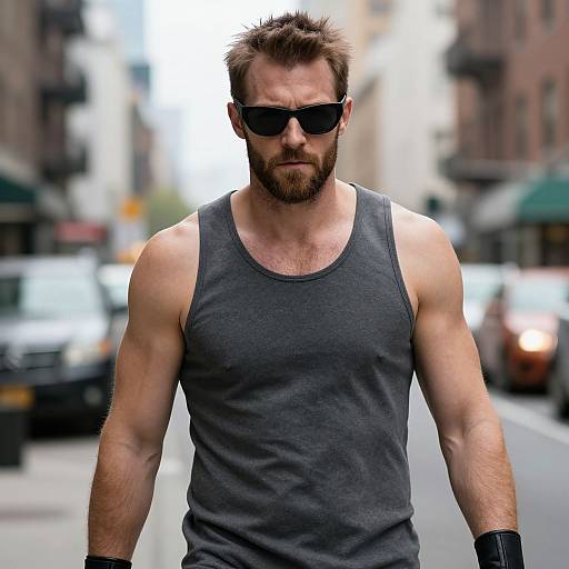 Photograph of a muscular, bearded man with spiky brown hair, wearing black sunglasses, gray tank top, and black wristband, walking down