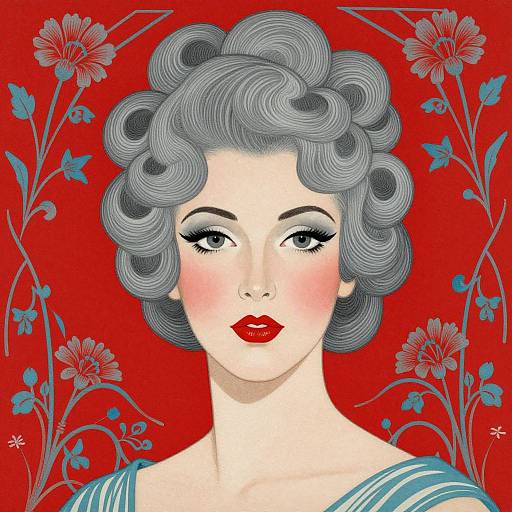 Digital illustration of a pale-skinned woman with curly gray hair, red lipstick, and blue striped dress, against a red floral background.