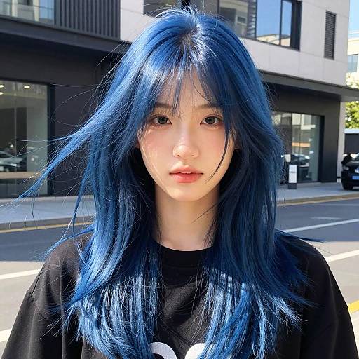 Photograph of an Asian woman with long, vibrant blue hair, wearing a black shirt, standing on a sunny urban street. Background includes modern buildings and
