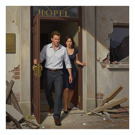 Photograph of a handsome man in a white shirt and dark pants, and a beautiful woman in a black dress, walking out of a dilapidated