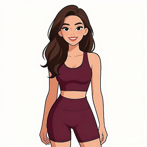 Digital illustration of a smiling, fit woman with long brown hair, wearing a black sports bra and shorts, white background.