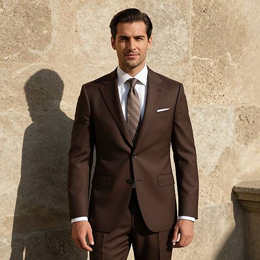 Photograph of a handsome man with dark hair, wearing a brown suit, white shirt, and patterned tie, standing against a sunlit, textured