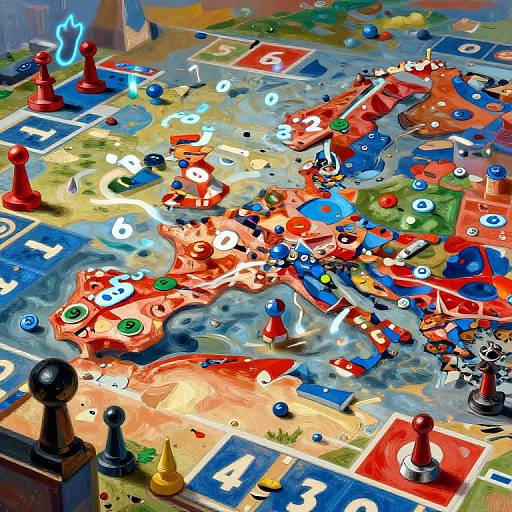 Vibrant digital board game with colorful hexagonal tiles, numbered circles, red and black game pieces, glowing blue flames, and scattered symbols.