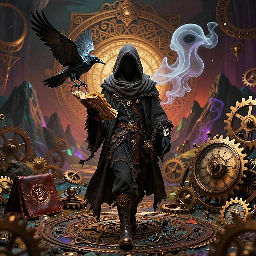 Mysterious hooded figure in dark cloak, holding book and summoning smoke, with black crow, surrounded by gears and magical symbols.
