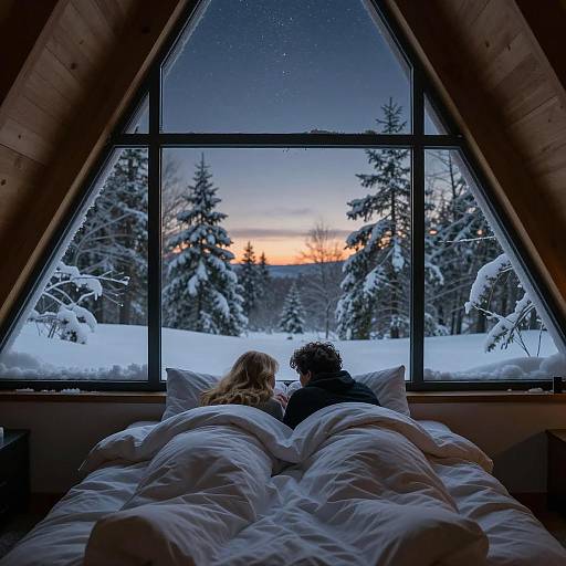 Couple in Bed with Snowy Window View