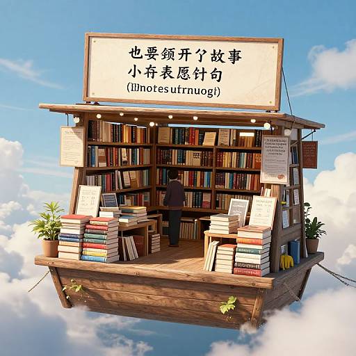 Digital illustration of a floating wooden bookshop with a sign in Chinese and English, surrounded by clouds; shelves filled with books, stacked on the front.