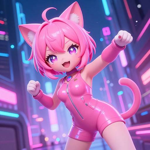 CGI anime-style catgirl with pink hair, neon pink outfit, and cat ears, fists raised, in a vibrant, neon-lit cityscape