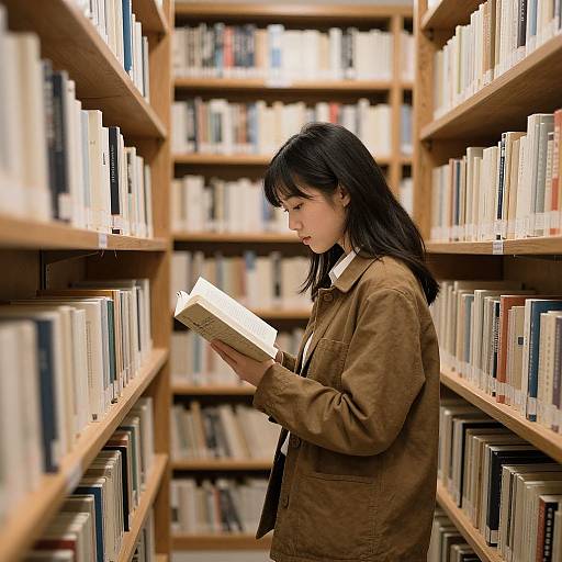 Photograph of an Asian woman with long black hair, wearing a brown jacket and white shirt, reading a book in a library aisle with wooden shelves filled