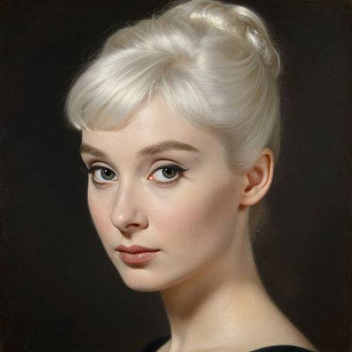 Digital portrait of a pale-skinned, young woman with platinum blonde hair in an elegant updo, blue eyes, subtle makeup, against a black background