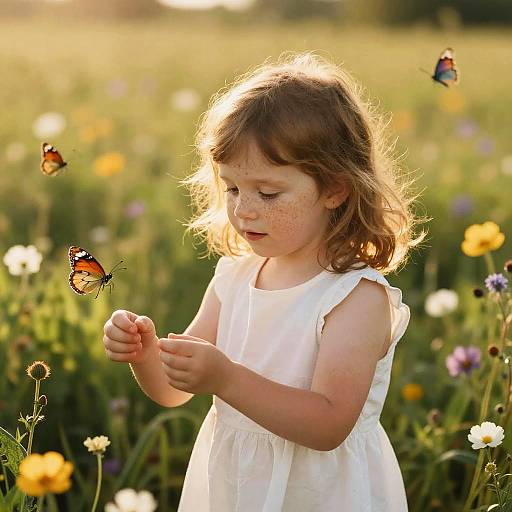 Photograph of a freckled, curly-haired young girl in a white dress, gently touching a butterfly in a sunlit, colorful meadow.
