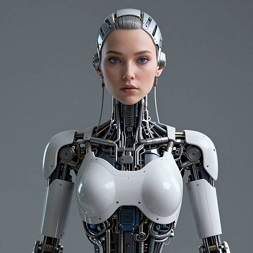 CGI image of a sleek, white, robotic woman with blue eyes, intricate metallic circuits, and a futuristic design, set against a gray background.
