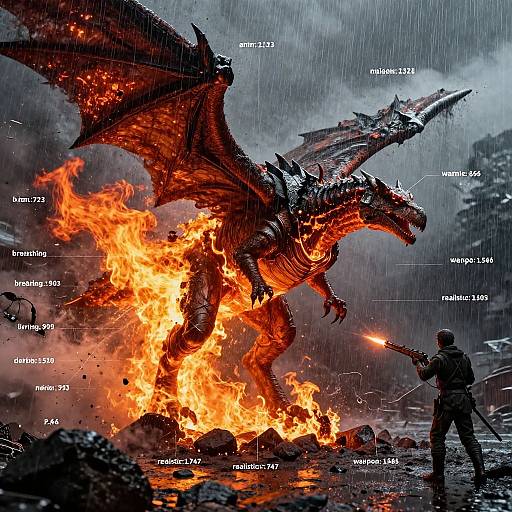 Photorealistic digital art of a fierce, flaming red dragon being fired at by a silhouetted warrior in a rainy, rocky battlefield.