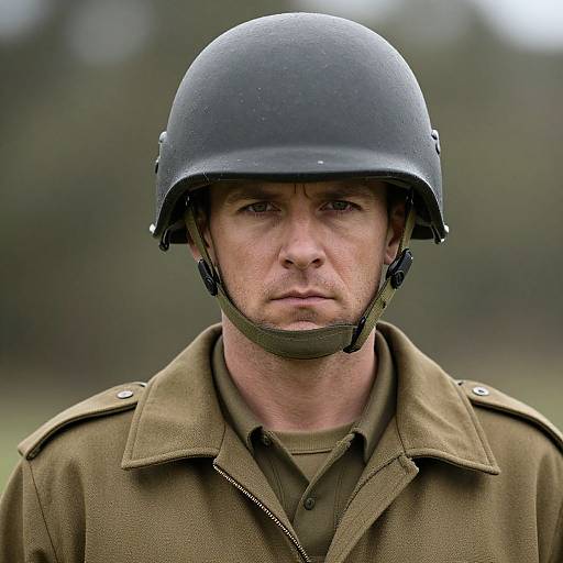 Photograph of a serious, white male soldier with a black helmet, olive-green uniform, and focused expression, standing outdoors.