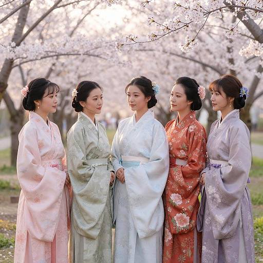 Elegant Asian Women in Cherry Blossom Garden