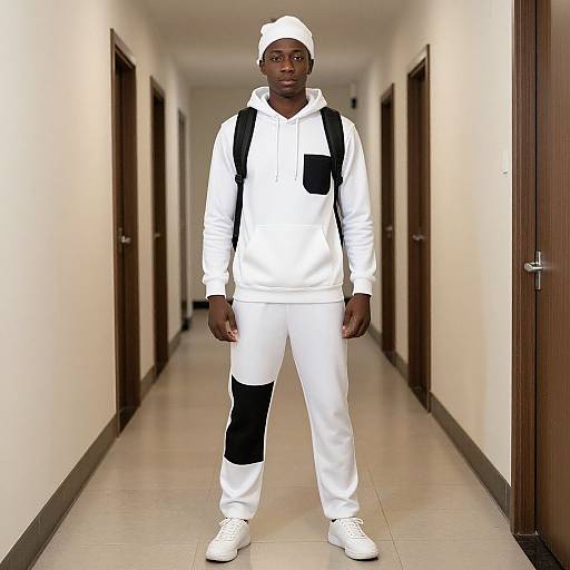 Photograph of a tall Black man in all-white hoodie, pants, and cap with black patches, standing in a long, white-tiled hallway.