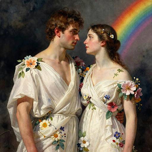 Classical painting of a handsome young man and a beautiful woman in white, flower-adorned robes, gazing at each other against a dark background
