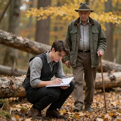 Autumn Forest Scene with Two Men