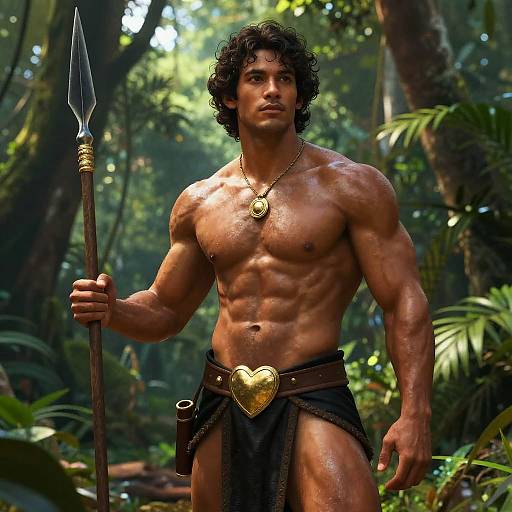 Photorealistic CGI of a muscular, curly-haired, tanned man with a heart-shaped belt buckle, holding a spear, in a dense, sun