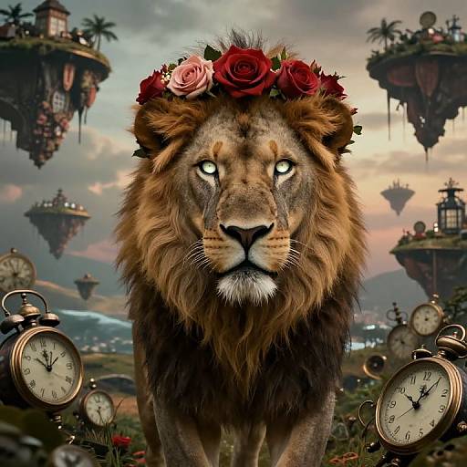 Photorealistic digital artwork of a majestic lion with glowing eyes, wearing a red rose crown, surrounded by floating clock islands in a fantastical, sunset