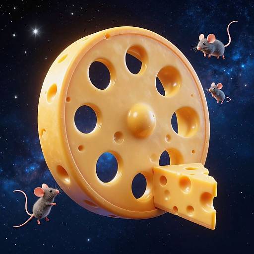 Digital illustration of a giant cheese moon with holes, surrounded by four mice in space, one nibbling a cheese slice.