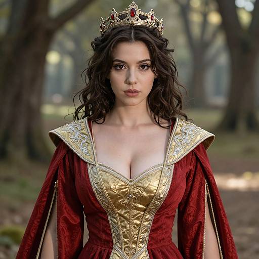 Photorealistic image of a fair-skinned woman with wavy brown hair, wearing a gold-embellished red royal gown and ornate crown