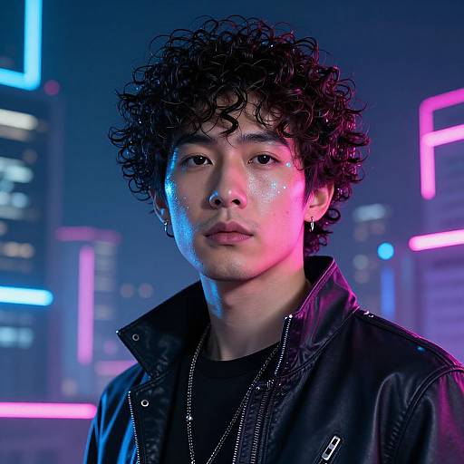Photograph of a young Asian man with curly black hair, wearing a black leather jacket, illuminated by neon blue and pink lights in a futuristic cityscape