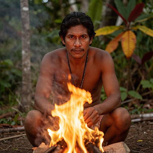 Photograph of a shirtless, dark-haired, brown-skinned man with a bead necklace, sitting cross-legged by a bright, orange campfire in