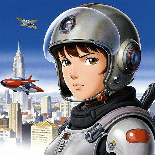 Anime-style digital art of a determined woman in a futuristic silver spacesuit and helmet, with flying cars and NYC skyline.