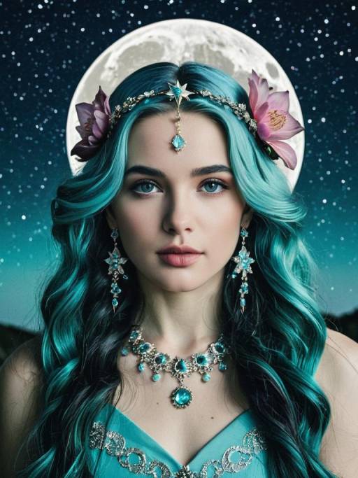 Aqua-haired woman with moon and jewelry