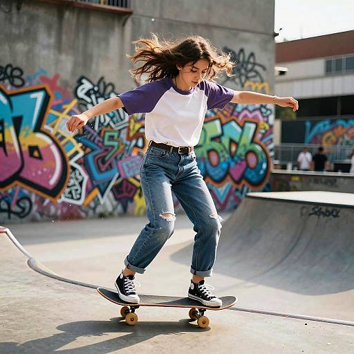 Photograph of a young woman with long brown hair, wearing a white and purple raglan shirt, ripped blue jeans, and black sneakers, skateboarding