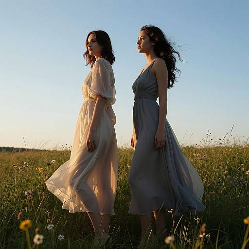Photograph of two women with long dark hair, wearing flowing dresses—one white, one gray—in a sunlit meadow with clear blue sky.
