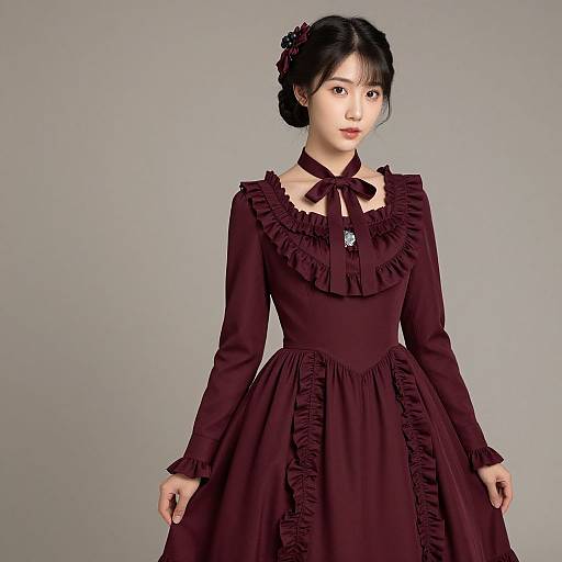 Photograph of an East Asian woman with fair skin, dark hair in a bun, wearing a Victorian-style, long-sleeved, maroon dress
