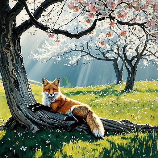 Fox Lounging Under Blossom Tree