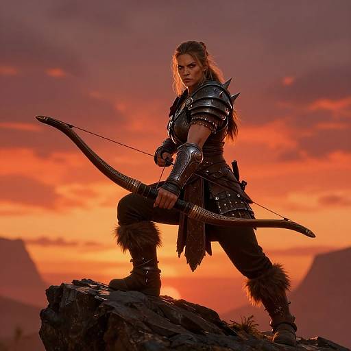 Photograph-style digital art of a fierce, armored woman with long brown hair, holding a bow, standing on a rock at sunset, with a vibrant