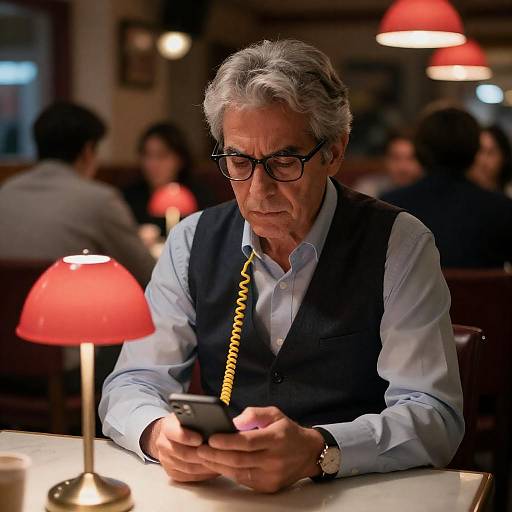 Serious Man with Phone in Restaurant