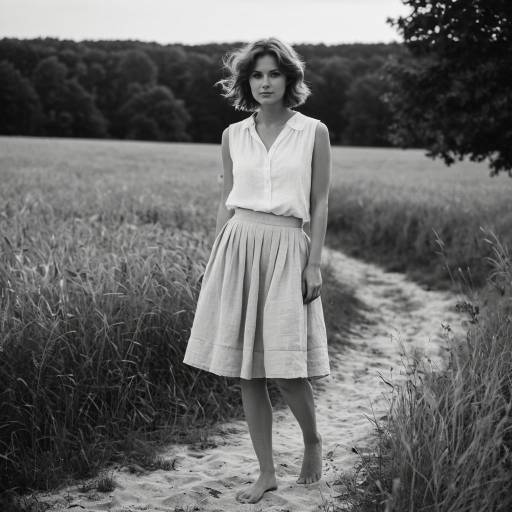 Woman in Simple Linen Outfit Walking Barefoot on Rural Path