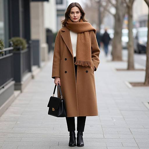 Photograph of a woman with long brown hair, wearing a brown coat, white sweater, brown scarf, black pants, and black boots, holding a